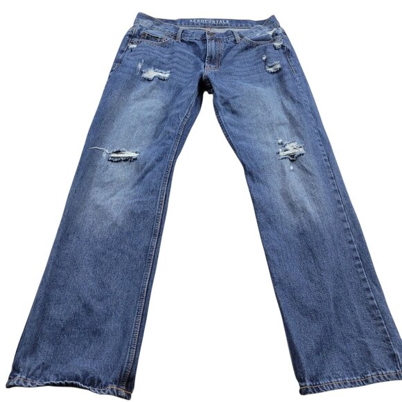 Aeropostale Jeans Mens 34x30 Tag 34x32 Straight Dark Wash Denim Distressed - Picture 1 of 7